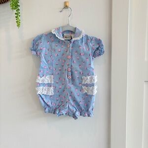 Vintage 80's Lightning Bug Baby Blue Dainty Floral Ruffle Girls Romper 6-9 month